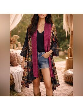 Vintage Crinkle Stretch Silk Multi-Color Reversible Long Line Kimono Duster L/XL